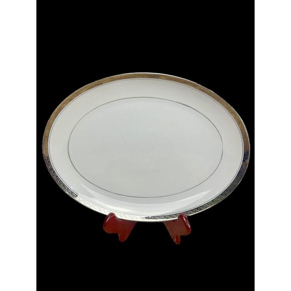 Vtg Fine China 12' Oval Platter White Silver Greek Key Trim Narumi Alton Japan - Picture 1 of 14